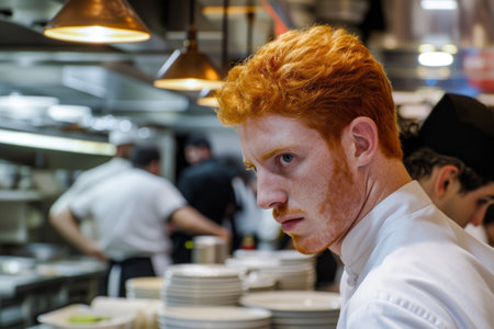 Portrait of a young redhead chef standing in a restaurant kitchenの素材