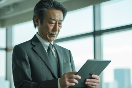 Mature businessman using digital tablet in office. Asian business man using digital tablet.の素材