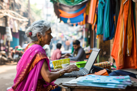 Indian woman working on a laptop at the street market in India.の素材