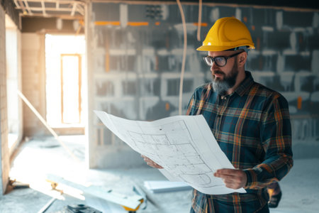 Portrait of a bearded construction worker in a yellow helmet and checkered shirt holding blueprints.の素材