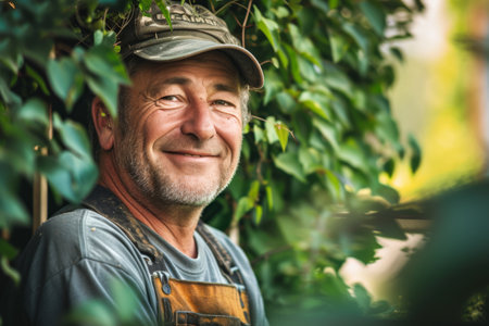 Portrait of a senior man working in a garden, smiling.の素材