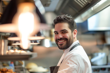 Portrait of a smiling male chef in a commercial kitchen at restaurantの素材