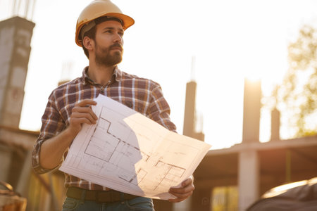 Portrait of a male engineer in hardhat holding blueprint on construction siteの素材