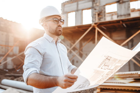 Architect in hardhat and glasses looking at blueprint at construction siteの素材