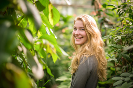 Portrait of a beautiful young blonde woman in a greenhouse smiling at the cameraの素材