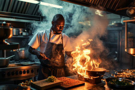 African american chef cooking food on fire in restaurant kitchen at nightの素材