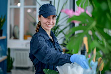 Young woman florist in uniform working in flower shop. Female florist in uniform and protective gloves.の素材