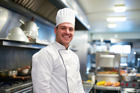 Portrait of a smiling male chef standing in the kitchen of a restaurantの素材