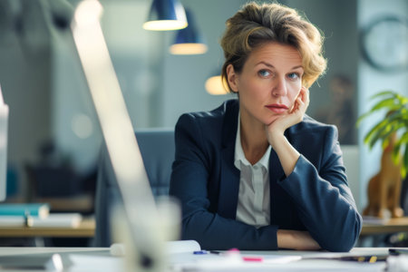 Thoughtful businesswoman looking away while sitting at desk in officeの素材