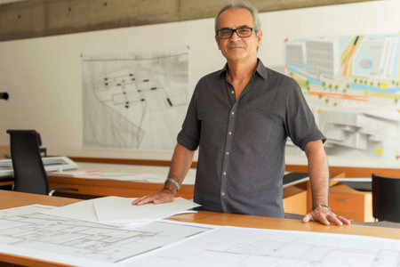 Portrait of mature male architect standing at office desk with blueprintsの素材