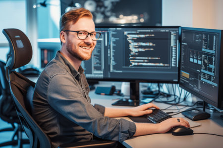 Portrait of software developer sitting at computer desk in software development studioの素材