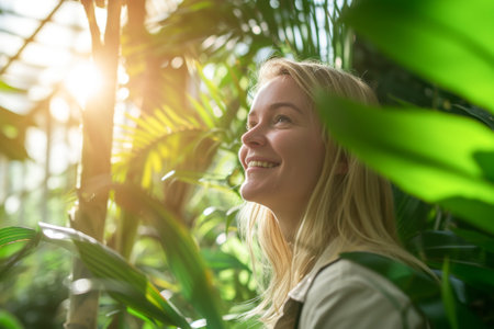 Portrait of smiling young woman looking at camera in tropical garden.の素材