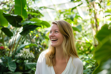 Portrait of a young woman smiling in a botanical garden.の素材