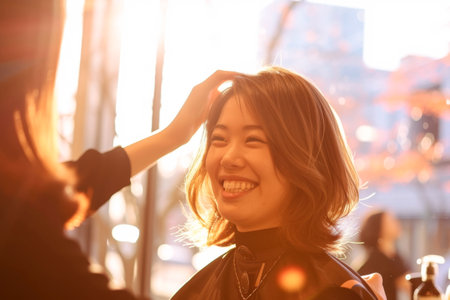 Happy young Asian woman smile and enjoy in coffee shop in autumnの素材