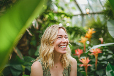 Portrait of a beautiful blonde woman in a green dress in a greenhouseの素材