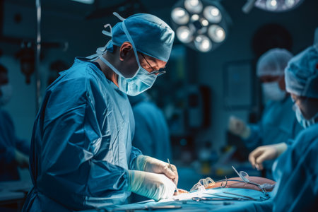 Team surgeon at work in operating room. Group of surgeons in operating room with surgical equipment.の素材