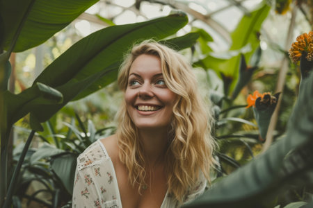Beautiful young woman smiling in the botanical garden. Tropical background.の素材