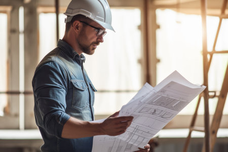 Architect or engineer working on blueprint at construction site. Construction concept.の素材