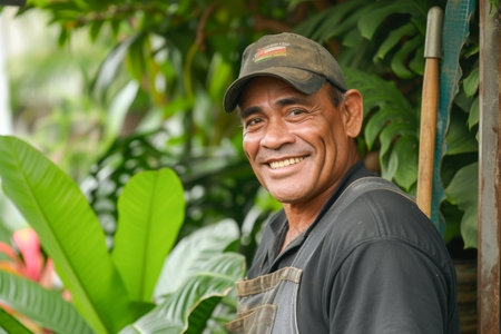 Portrait of a smiling senior farmer standing in the garden with his arms crossed.の素材