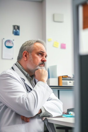 Portrait of a senior doctor sitting at his desk in his officeの素材