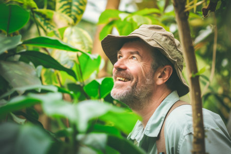 Portrait of a senior man in a hat standing in the garden.の素材