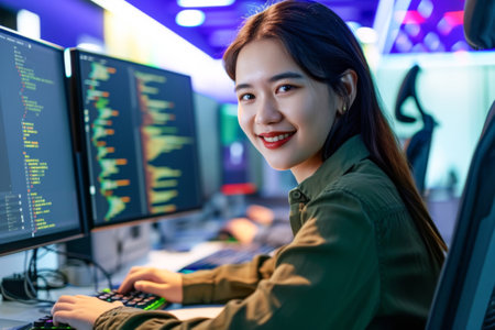 portrait of asian young woman working on desktop computer at nightの素材