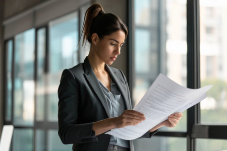 Serious businesswoman reading documents in office. Serious businesswoman looking at documents while standing near window.の素材