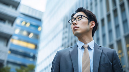 Portrait of young businessman looking away in business district with building in backgroundの素材