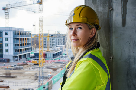 Portrait of a female construction worker on the background of a building under constructionの素材