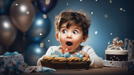 Surprised little boy with cupcakes and presents on blue backgroundの素材