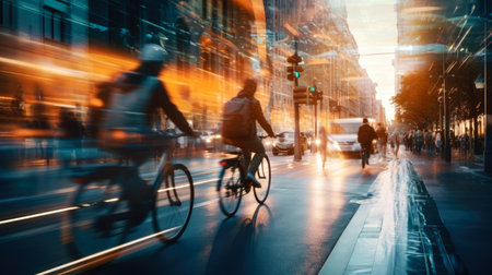 Blurred image of people riding bicycles in the city at rush hourの素材