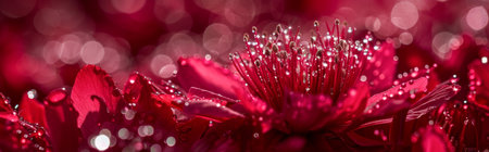 Beautiful red flower with dew drops on bokeh backgroundの素材