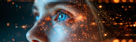 Close up of female eye with glowing lights. Technology concept. 3D renderingの素材
