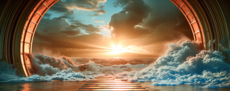 3d illustration of an entrance to a fantasy world with clouds in the skyの素材