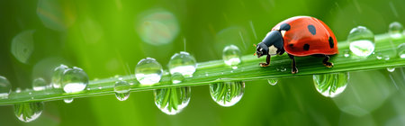 fresh morning dew and ladybug macro close up nature backgroundの素材