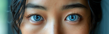 Close up of beautiful Asian woman with blue eyes looking at camera.の素材