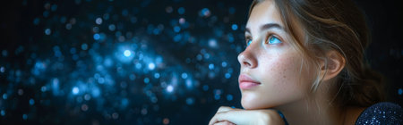 Beautiful young woman with blue eyes looking up at the starry sky.の素材