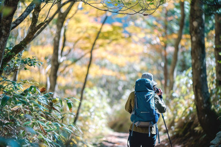 Woman backpacker hiking in the forest at autumn season. Travel and adventure concept.の素材