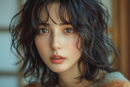 Portrait of a beautiful brunette girl with curly hair in a sweaterの素材