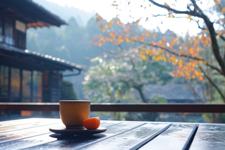 Cup of coffee on the wooden table with autumn mountain background.の素材