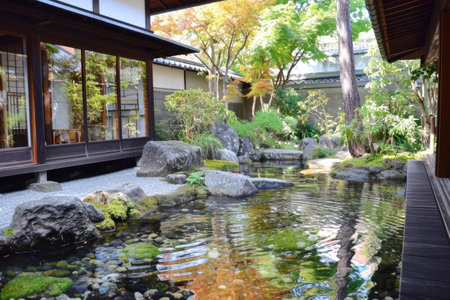 Japanese garden with pond and stone floor in Kyoto, Japan. Selective focus.の素材