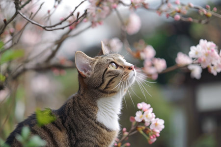 Cute cat looking at cherry blossom in garden, stock photoの素材