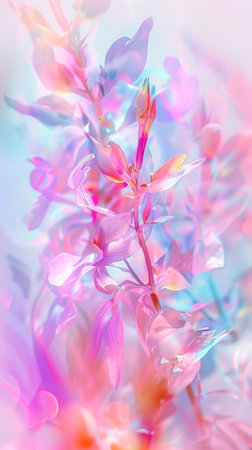 Abstract floral background with pink flowers and blue sky, soft focus.の素材