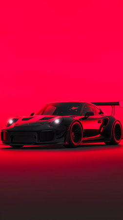 Black super sports car on a red background. 3d rendering.の素材
