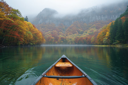 Foggy autumn landscape with a canoe on the lake in the mountainsの素材