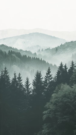 Misty mountain landscape with fir trees in the foreground and fog in the backgroundの素材