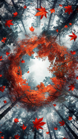 Autumn forest with red leaves on a dark background. 3d renderingの素材