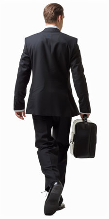 Back view of a young businessman walking with a briefcase. Rear view people collection. backside view of person. Isolated over white background.の素材