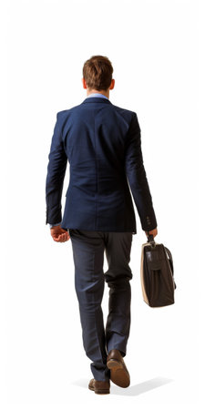 Back view of a young businessman walking with briefcase on white backgroundの素材