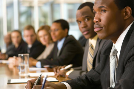 Portrait of confident African-American businessman sitting at table in conference roomの素材